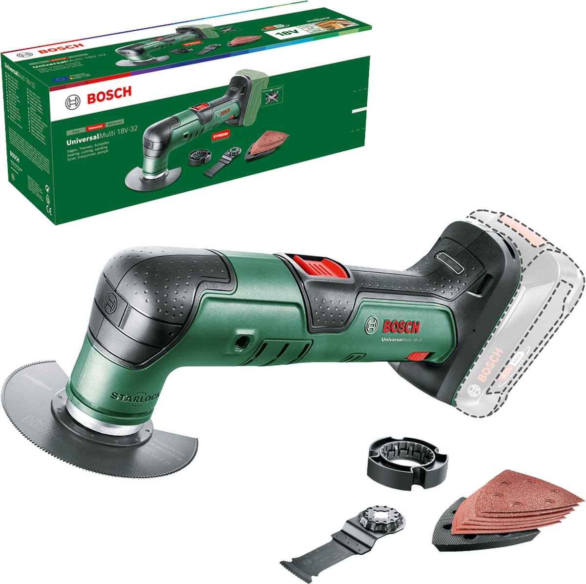 Bosch universalmulti 18v-32 - outil multifonction - comprenant 6 feuilles de papier de verre - lame de scie segmentée - lame de scie plongeante - butée de profondeur et pied de ponçage - hors chargeur et batterie