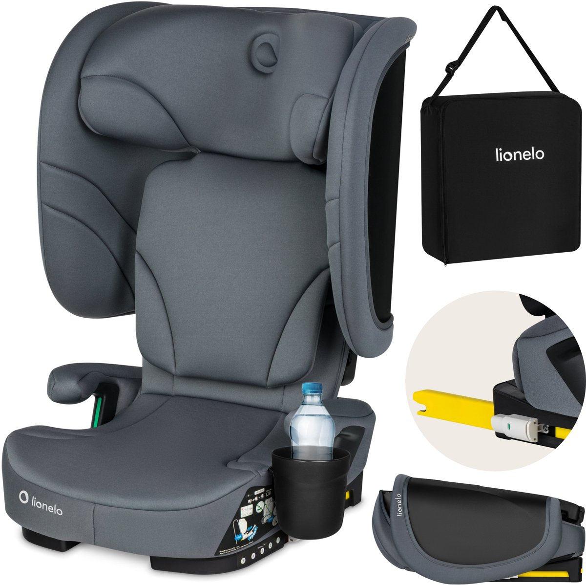 Siège auto Lionelo orin isofix - siège auto pliable 100-150 cm (3,5-12 ans 15 à 36 kg groupe 2 3) - appui-tête 14 positions - dossier 4 positions - léger compact - avec sac de transport porte-gobelet - siège enfant de voyage i-size