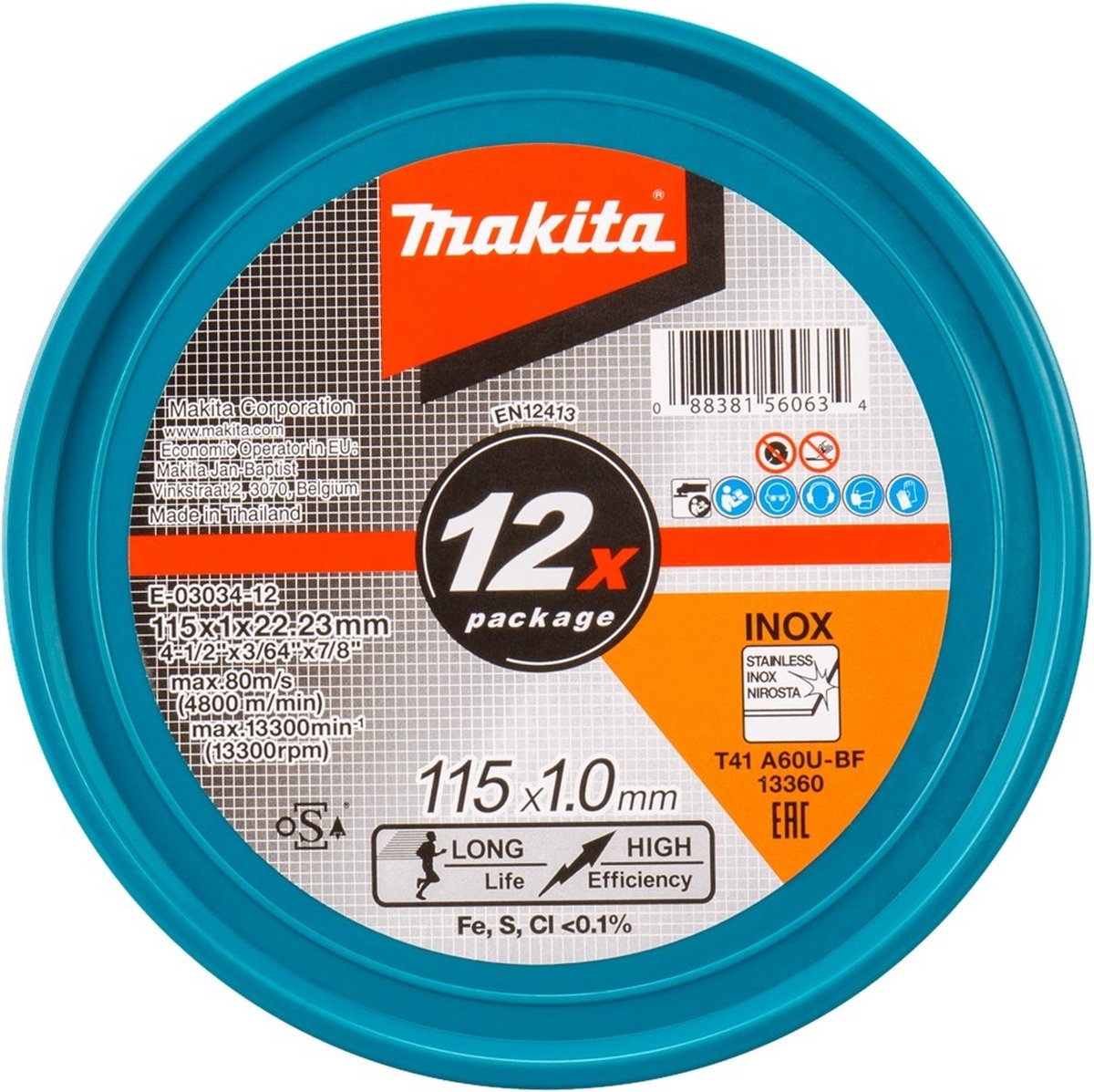 Makita e-03034-12 disque à tronçonner acier inoxydable | 115 x 22,23 x 1,0 mm | 12 pièces