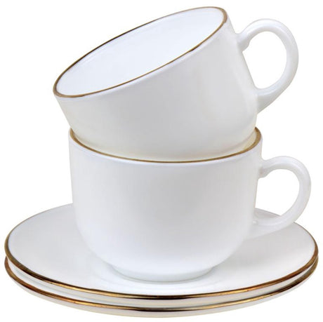 Service de tasses et soucoupes Kinghoff 12 pièces - tasses à café en verre opale blanc avec bord doré - 210 ml - set pour 6 personnes
