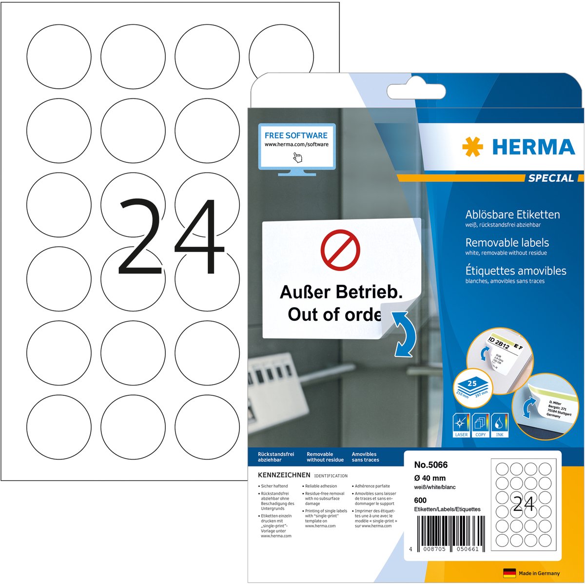 Herma 5066 étiquettes mobiles ø 40 rondes 25 feuilles din A4 600 pièces.
