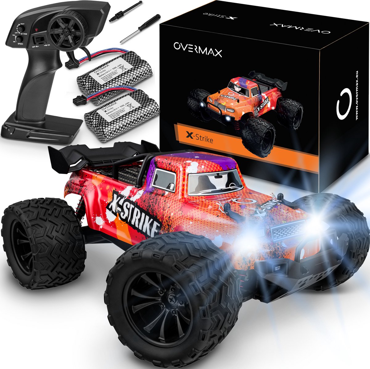 Voiture contrôlée Overmax x-strike - 30 km h - 2 batteries - 4x4 - 1:16 - portée 100m - LED - construction renforcée - monster truck tout-terrain - voiture rc adultes enfants - voiture télécommandée pour l'extérieur - monster truck