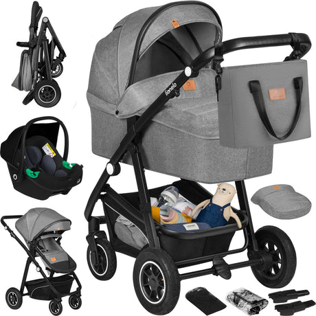 Poussette Lionelo bianka 3 en 1 - nacelle + poussette + siège auto - gros pneumatiques, suspension complète - pliable - barre de poussée réglable - siège réversible buggy - 0-22kg - set d'accessoires - gris