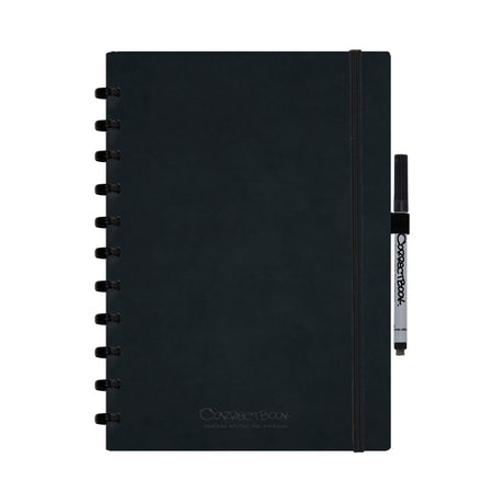 Carnet effaçable Correctbook A4 - couverture rigide en similicuir noir encre - ligné - carnet réutilisable - lingette pour stylo incluse - peut être complété par des pages supplémentaires