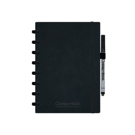Carnet effaçable Correctbook a5 – couverture rigide en similicuir noir encre – ligné – carnet réutilisable – avec lingette pour stylo – peut être complété par des pages supplémentaires