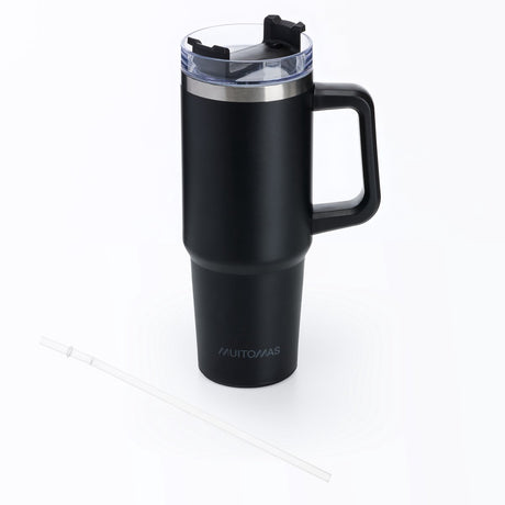 Mug de voyage Muitomas - mug de voyage - double paroi isolée - anse en paille pratique - 900 ml - noir