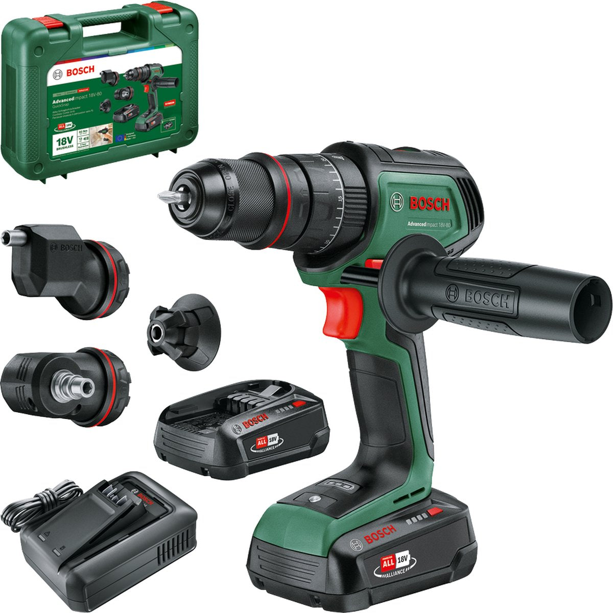 Bosch advancedimpact 18v-80 quicksnap - perceuse-visseuse à percussion sans fil - avec porte-vis magnétique, fixation excentrique, fixation à angle droit, mandrin de perçage 13 mm, embout à visser - 2x batterie Li-ion 18 V (2,5 Ah), chargeur 45 min