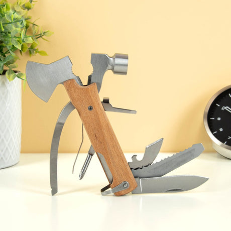 Kikkerland mini-hache multi-outils - 10 en 1 - tournevis plat - décapsuleur - alésoir - lame de scie - lime - couteau - tournevis cruciforme - pince - coupe-fil - cadeau pour homme