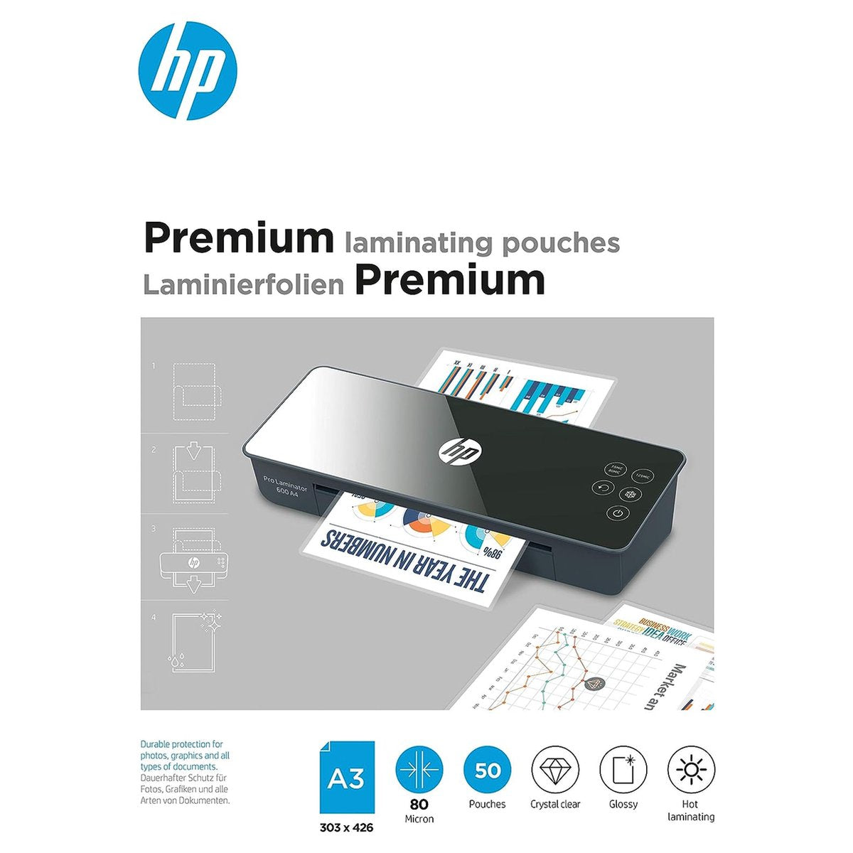 HP 9126 films de plastification premium a3 - pochettes de plastification pour plastification à chaud - brillant - 80 microns - 50 pièces