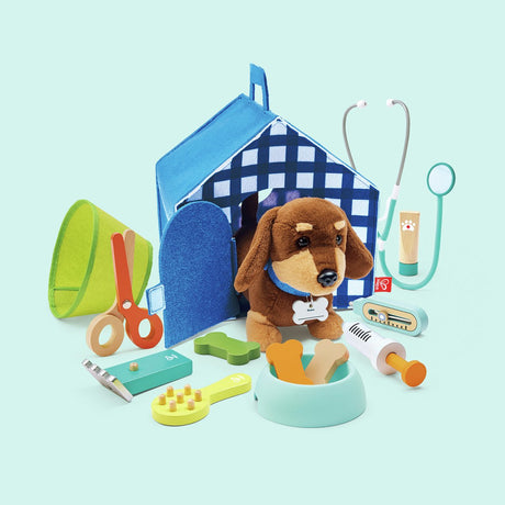 Hape dierenarts speelset - interactieve puppy, dierenartskoffertje en hondenhok, 16 delig, 3 jaar+