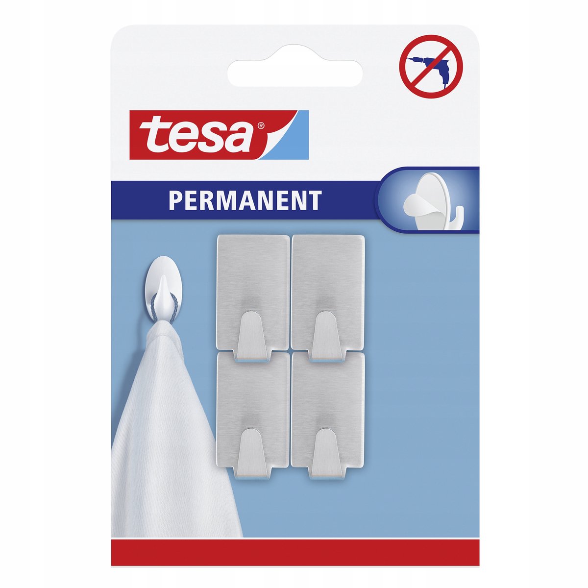 Série permanente Tesa - crochets muraux en métal - 4 pièces - autocollants - argent