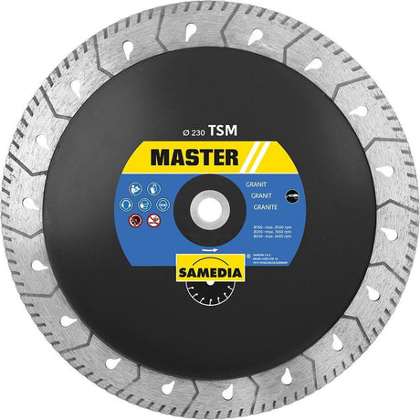 Disque à tronçonner diamanté Sameda samedia master tsm 230xm14 pour scier et meuler le granit