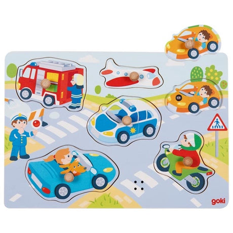 Goki Wooden Stud Puzzle Véhicules avec son, 6e.
