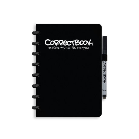 Carnet effaçable Correctbook a5 - carnet réutilisable - encre noir noir - ligné - avec lingette pour stylo - peut être complété par des pages supplémentaires