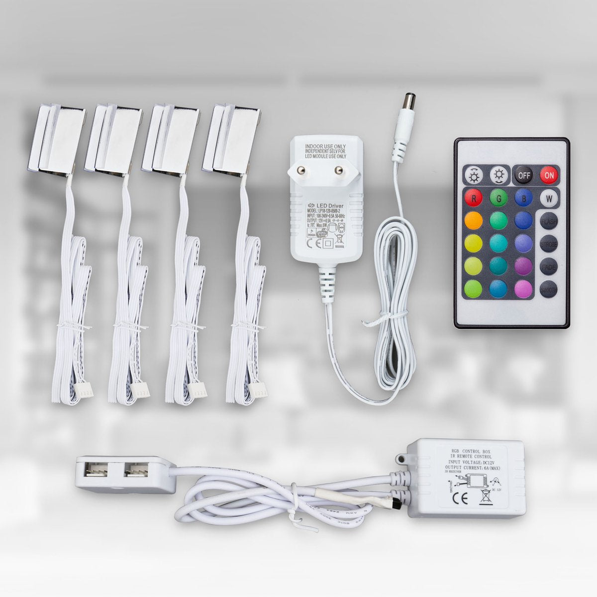B.K. lumière - lumière LED RVB - éclairage d'armoire - clips pour plaques de verre - éclairage - ensemble de 4 pièces - avec télécommande - bandes LED