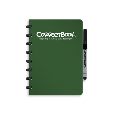 Carnet effaçable Correctbook a5 – vert forêt – vierge – carnet réutilisable – avec lingette pour stylo – peut être complété par des pages supplémentaires