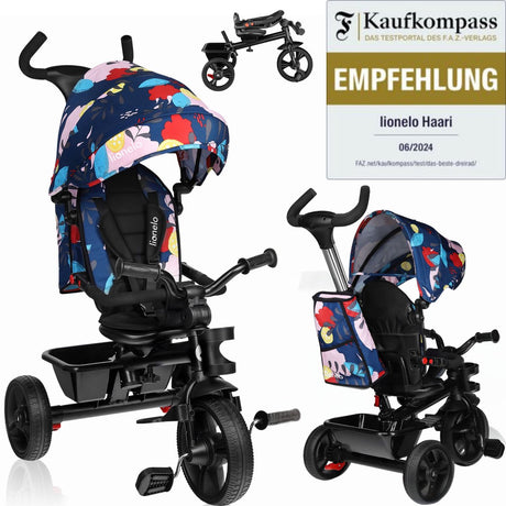 Lionelo haari - tricycle - porte-gobelet - 2en1 - siège pivotant - roues en caoutchouc sans entretien - roue libre - barre coulissante pour parents - auvent - panier et sac - porte-gobelet - grandit avec vous - de 18 mois à 25 kg