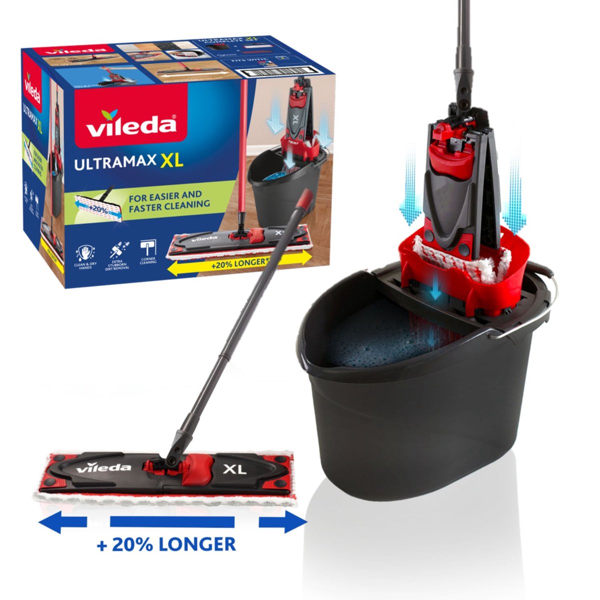 Vileda ultramax xl set complet avec vadrouille et seau - set de vadrouille avec seau - tête 20% plus longue - pour toutes les surfaces dures