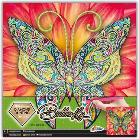 Peinture diamant Grafix sur toile | papillon | taille 30x30cm | paquet de peinture au diamant complet | animaux à thème | peinture au diamant sur toile | y compris un stylo pour peinture diamant et un plateau à secouer | accrocher le résultat final au mur