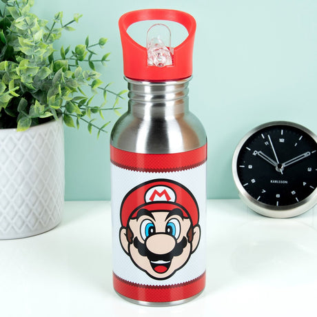 Bouteille d'eau en métal Paladone Super Mario avec paille - Bouteille à boire Nintendo sous licence officielle -