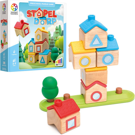 Smart Games Stack Village - Jeu de réflexion logique en bois - 48 défis de construction spatiale - Jeu éducatif solo pour les tout-petits - à partir de 3 ans