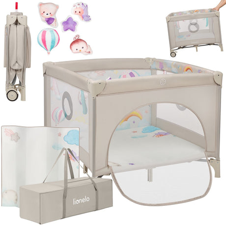 Parc Lionelo mille plus 0-36 mois – parc bébé avec matelas en mousse T25, jouets éducatifs, poignées pour apprendre à se tenir debout, mobile pliable, porte latérale avec fermeture éclair – parc pour la maison et les voyages