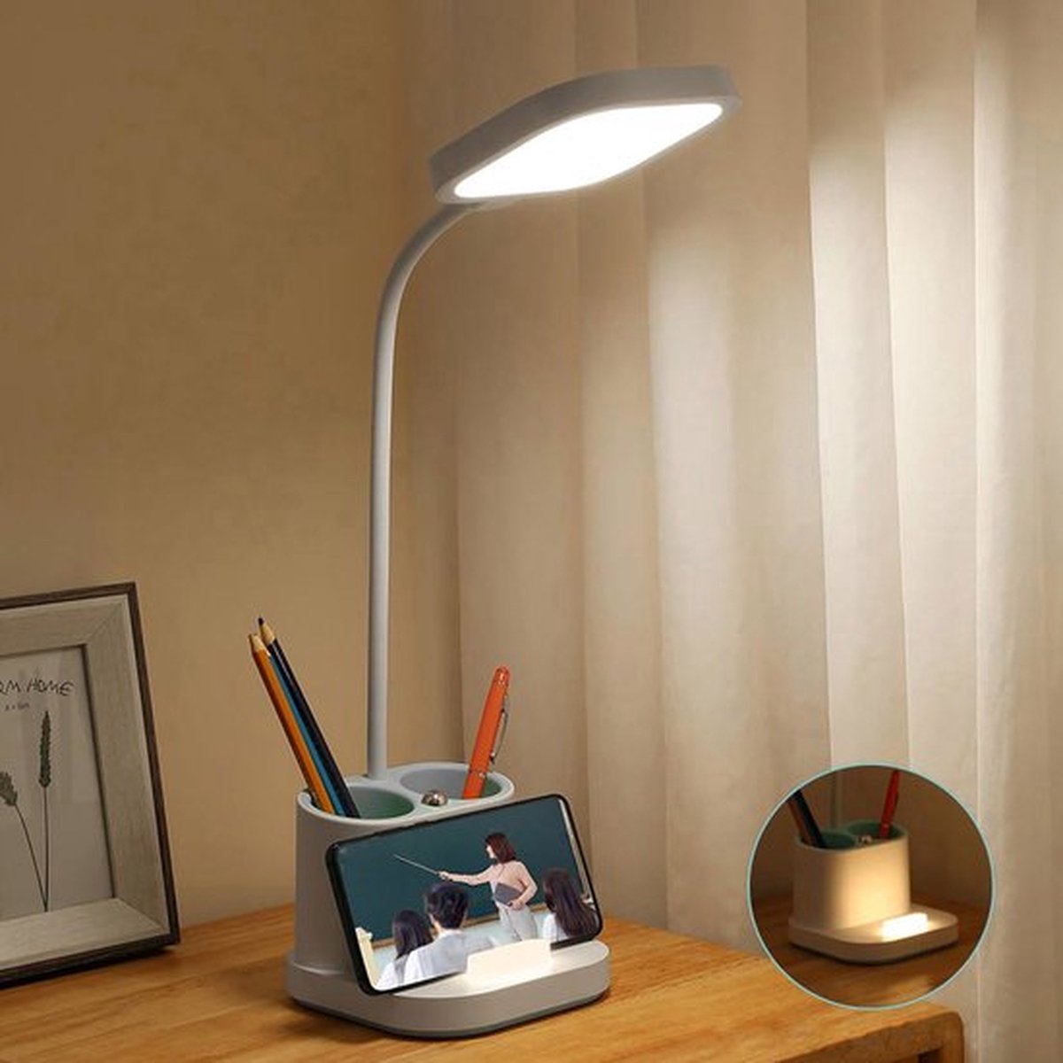 Platinet pdl008 - lampe de bureau 4 en 1 - porte-stylo - chargeur de téléphone - lampe de nuit - blanc