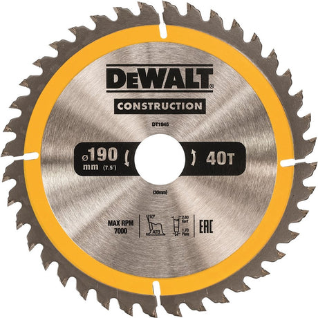 Accessoires Dewalt lame de scie circulaire 190x30x40t, positif 10°, encoche 2,6mm - dt1945-qz