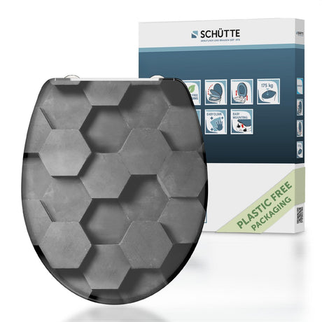 Abattant WC Schütte 82392 hexagones gris - duroplast - fermeture amortie - cliquable - charnières en acier inoxydable - capacité de charge jusqu'à 175 kg - décor - impression 3 faces