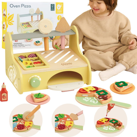 Ensemble de jeu de four à pizza en bois du monde classique, 7 pièces.