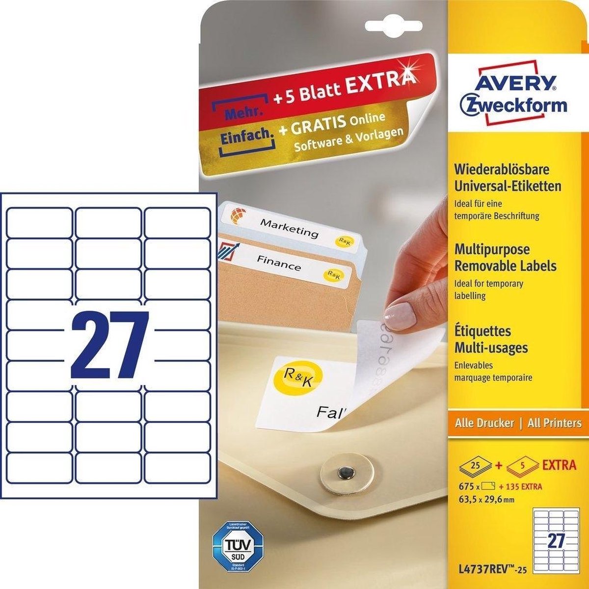 Avery étiquette l4737rev-25 63,5x29,6 mm amovible blanc 675 pièces