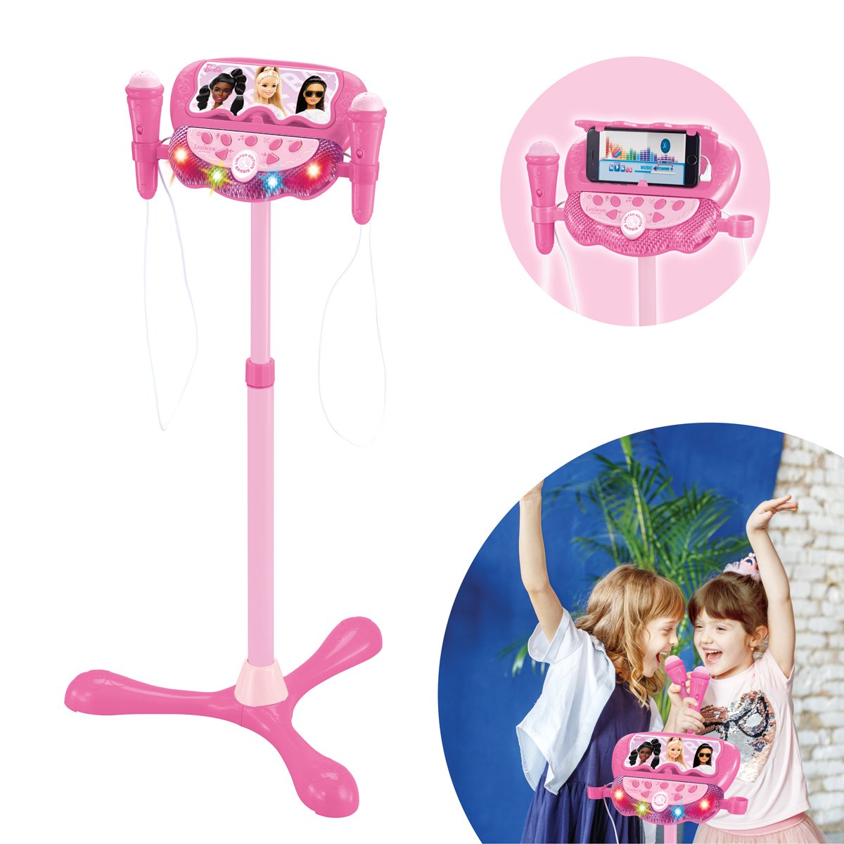 Support réglable Lexibook barbie avec 2 micros avec effets vocaux, éclairage, haut-parleur, Bluetooth