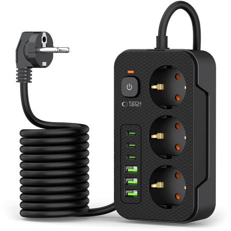 Tech-protect - multiprise avec 3 USB C et 3 USB A - interrupteur marche arrêt - 3 prises - noir