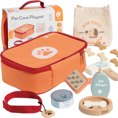 Jeu de soins aux animaux en bois Classic World dans un sac, 16 pièces.