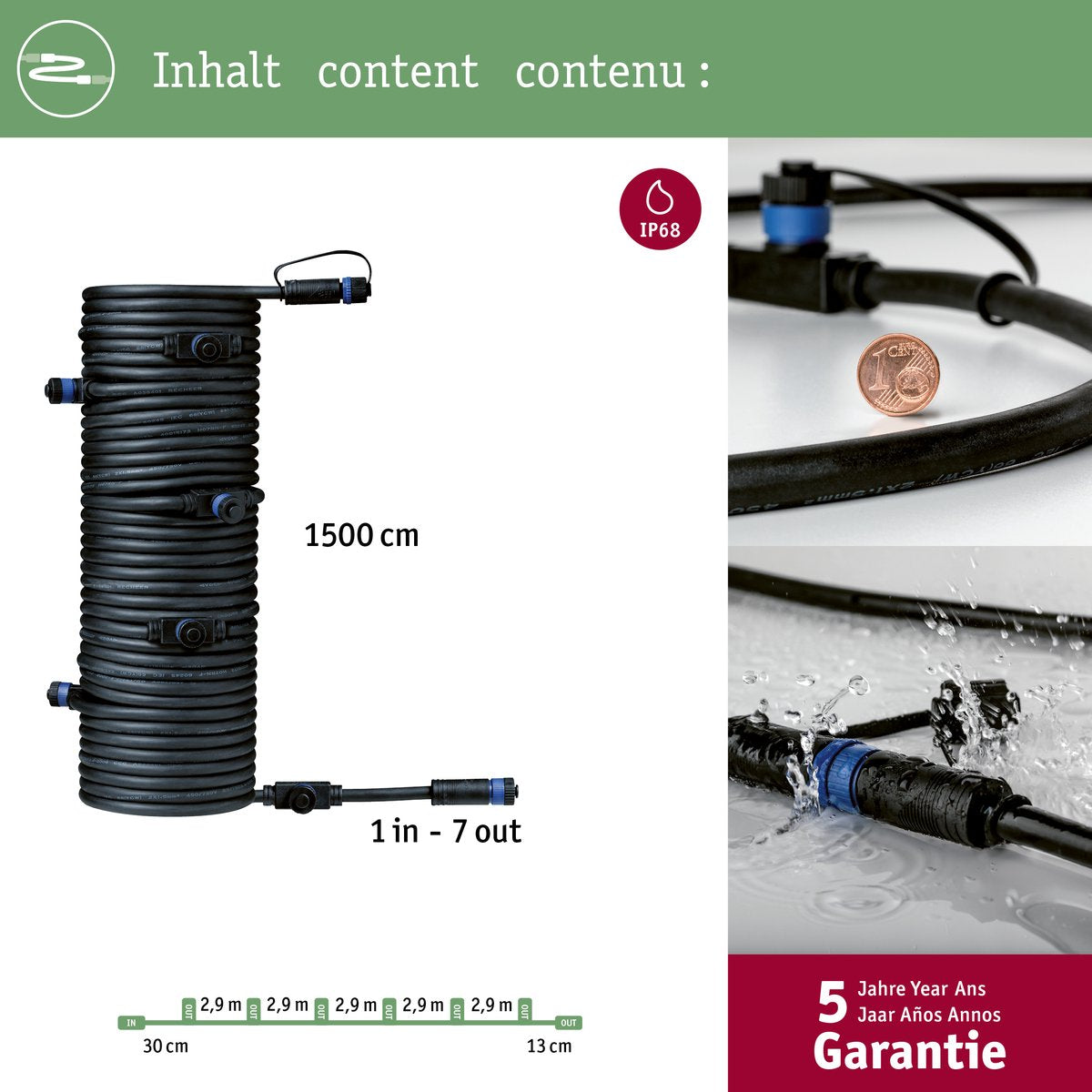 Câble Paulmann plug Shine 15m 7 sorties ip68 noir