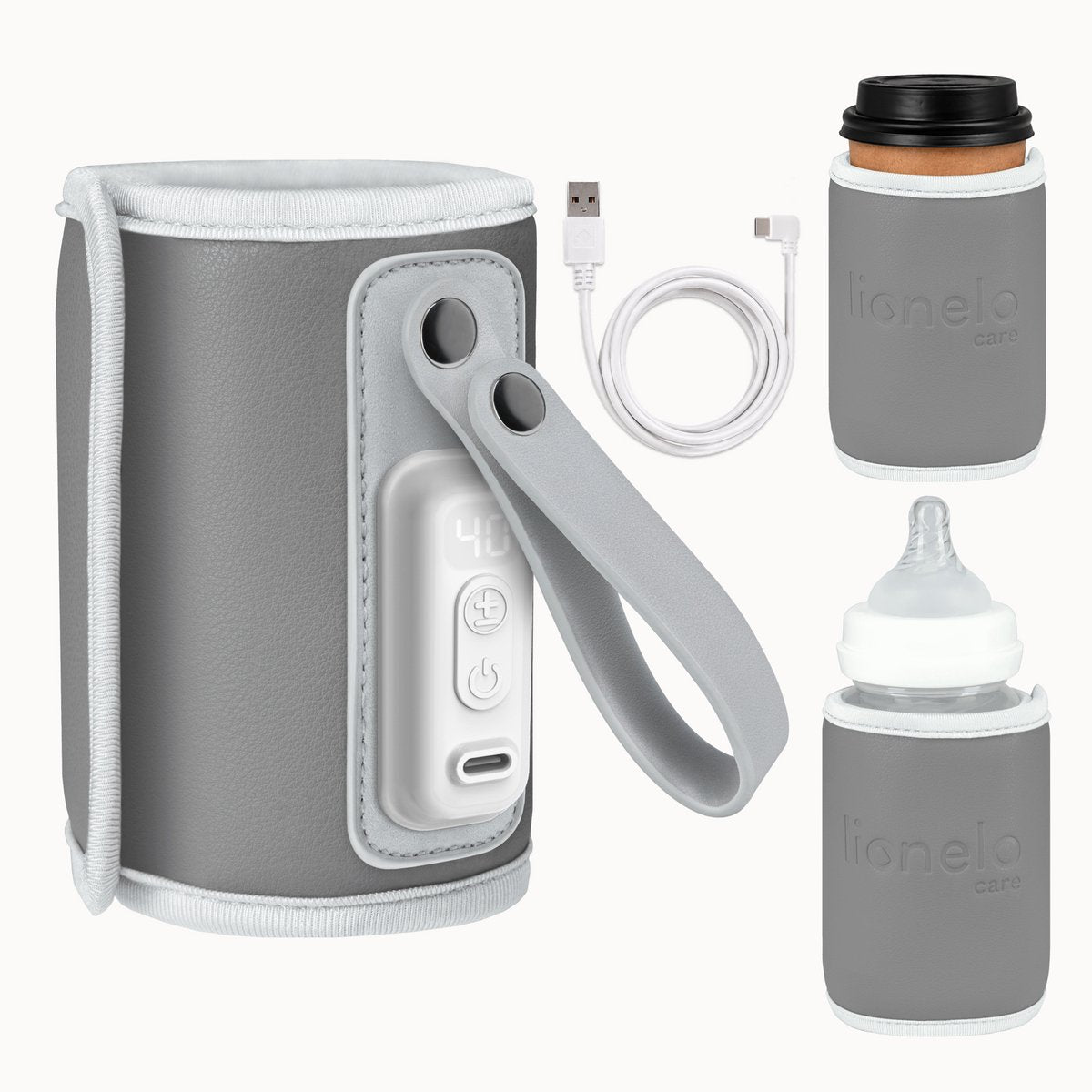 Lionelo thermup go – chauffe-biberon portable – alimentation USB-C – 5 réglages de température (38–50°C) – pour biberons jusqu'à 70 mm – thermostat contre la surchauffe – compact et léger (100 g) – sans BPA – avec câble USB-C
