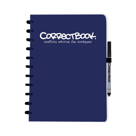 Carnet effaçable Correctbook a4 – carnet réutilisable – bleu nuit – vierge – avec lingette pour stylo – peut être complété par des pages supplémentaires