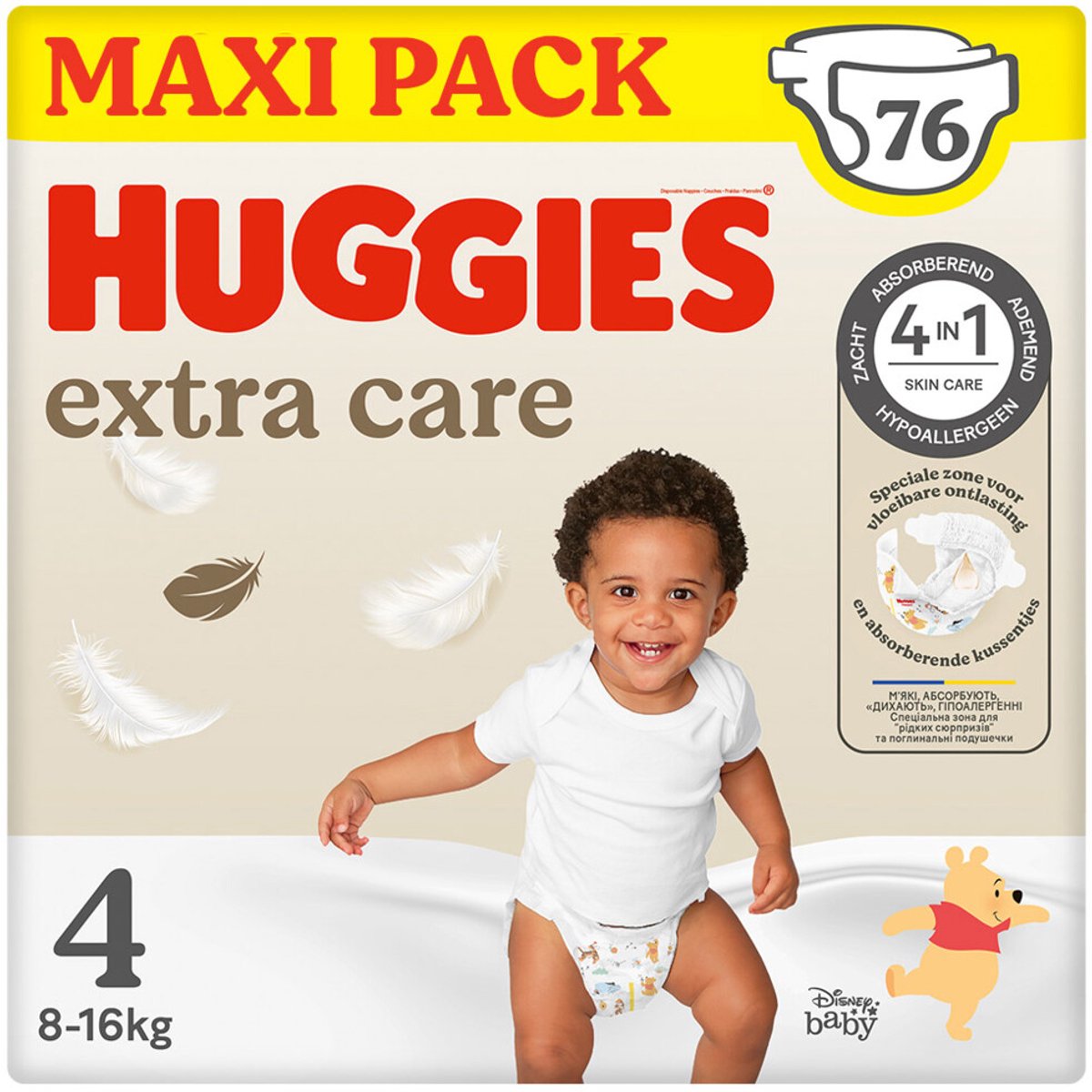 Couches bébé Huggies ® extra care, taille 4 (8 à 16 kg), 76 couches avec indicateur d'humidité et motifs Disney, maxi pack