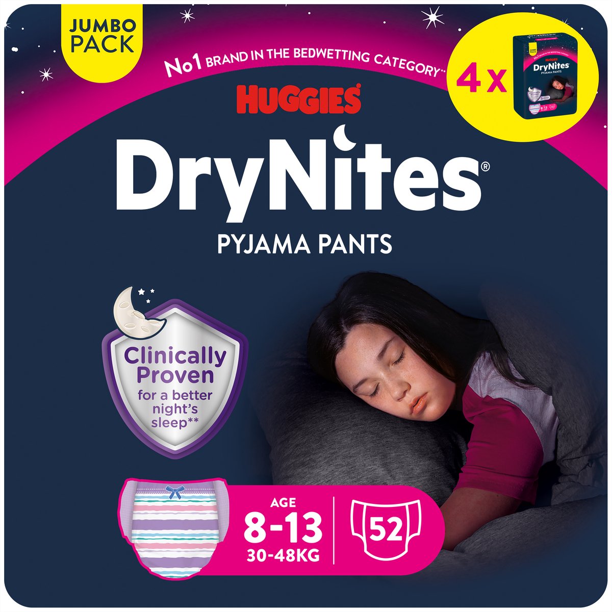 Pantalons à couches Drynites Huggies - filles - 8 à 13 ans (30 - 48 kg) - 52 pantalons de nuit - réduction supplémentaire