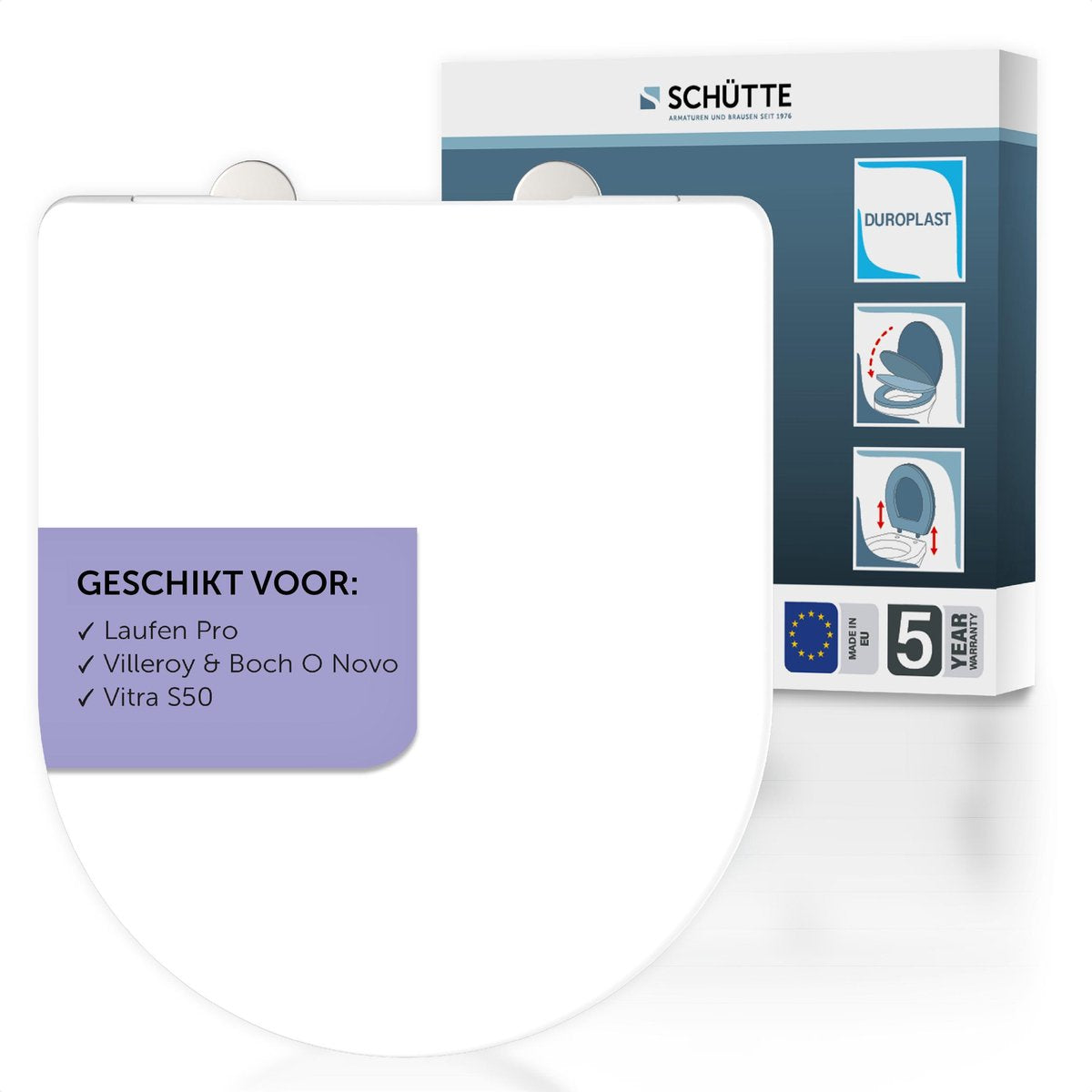 Abattant WC Schütte 82810 pro 2 - forme D - frein de chute - amovible - convient pour laufen pro, villeroy boch o novo, vitra s50 - capacité de charge jusqu'à 250 kg
