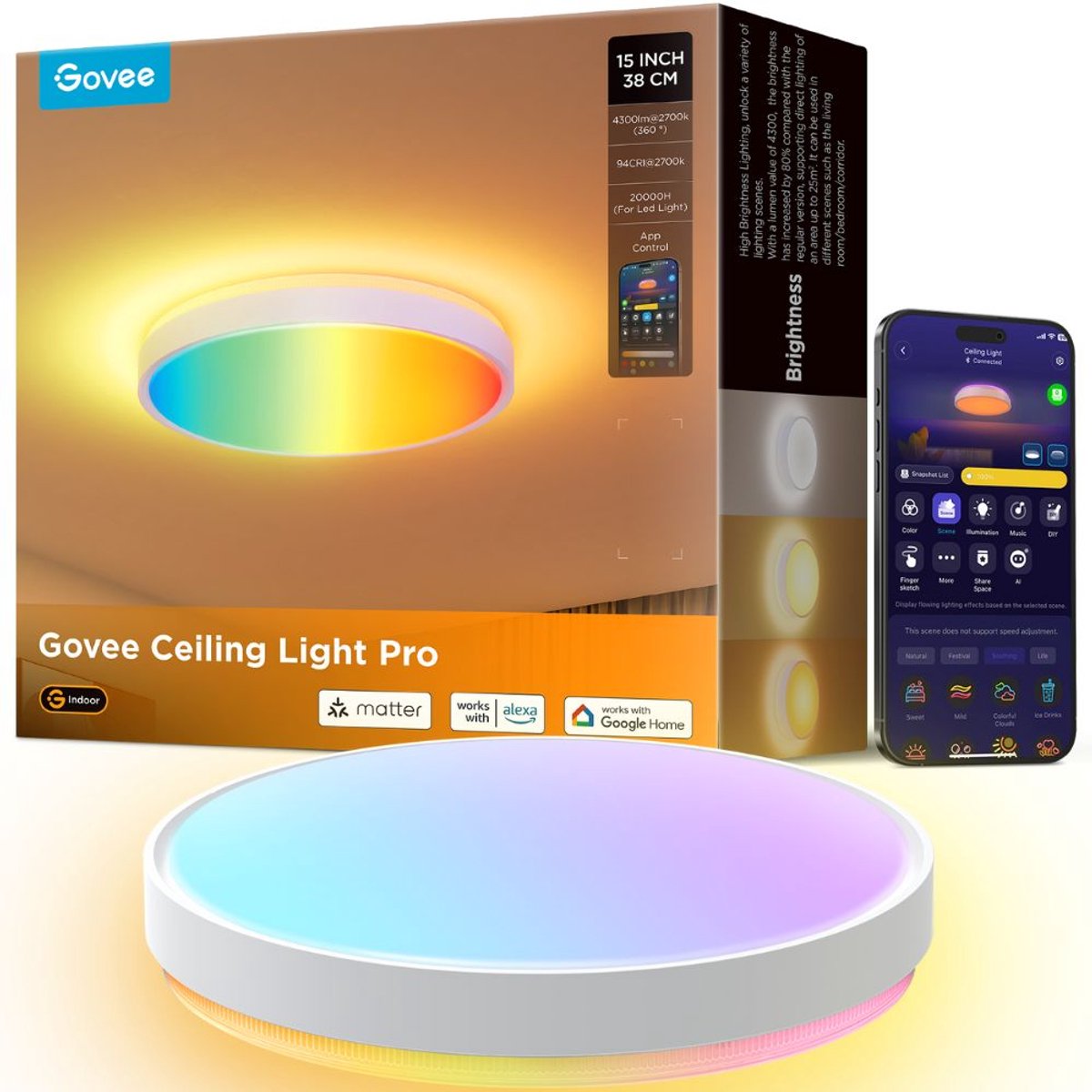 Plafonnier intelligent Govee Matter rgbicww - 4300 lumens - 15 pouces - ø 38 cm
