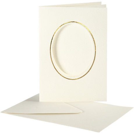Cartes passe-partout Creativ company, ovales avec bord doré, format carte 10,5x15 cm, format enveloppe 11,5x16,5 cm, blanc cassé, 10 jeux 1 boîte