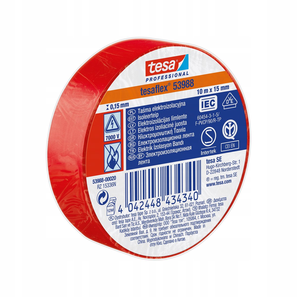 Ruban isolant électrique Tesa flex 53988 rouge 15 mm x 10 m