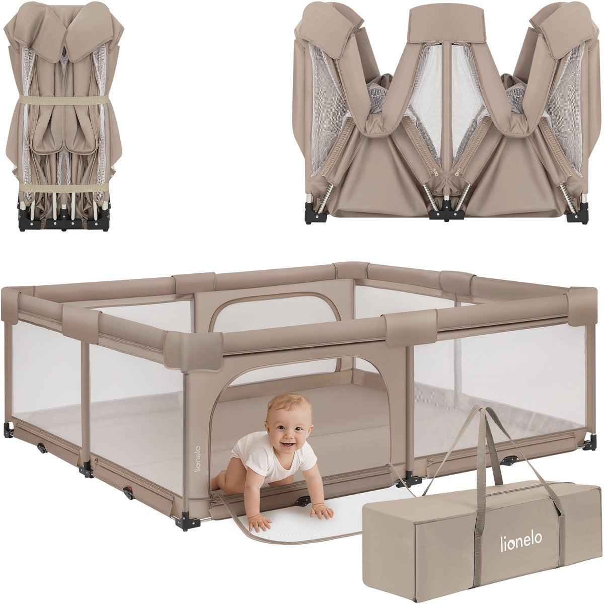 Lionelo Florence Easy Fold XL – parc pour bébé au sol 180×200 cm – parc extra grand – pliable rapidement sans assemblage – boîte de jeu avec ouvertures latérales avec fermeture éclair – maille respirante – compact à ranger – avec sac de transport
