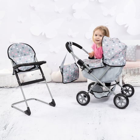 Bayer design ensemble de landau pour poupée confortable, pliable, poignée souple, avec chaise haute, sac, gris