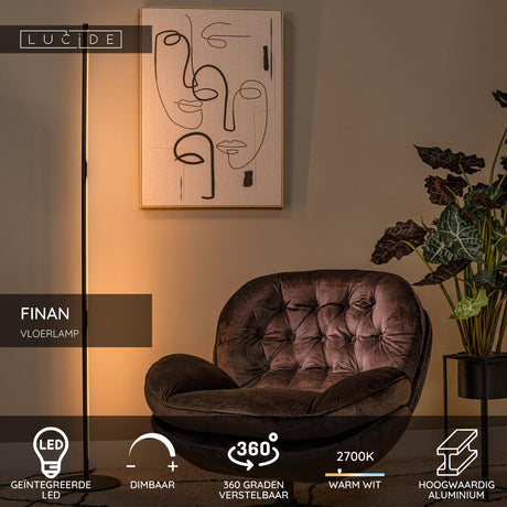 Lucide finan - lampadaire - LED dimmable - 1x32w 2700k - noir