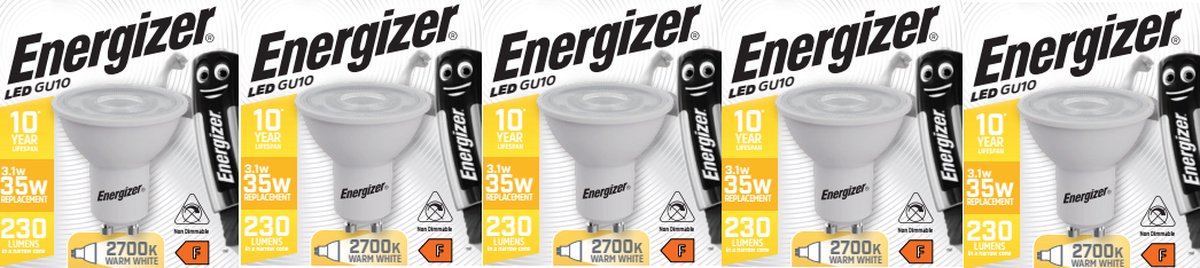 Spot LED économe en énergie Energizer - gu10 - 3,1 watts - lumière blanc chaud - non dimmable - 5 pièces
