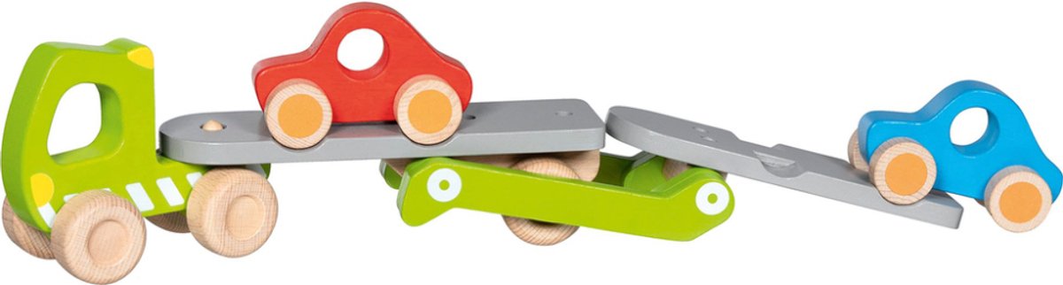 Véhicule Goki : transporteur de voitures 28 44x8x17,5cm, avec 2 véhicules, avec hayon, bois, 2+