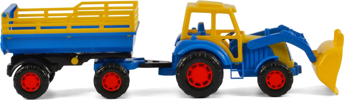 Tracteur Cavallino avec chargeur frontal et remorque bleu