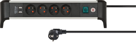 Brennerstuhl alu-office-line multiprise 4 broches terre avec USB (bloc de prise pour le bureau avec câble de 1,8 m et interrupteur, fabriqué en Allemagne)